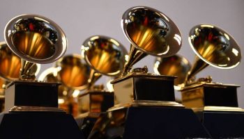 Grammy Award trophies are seen in the press room during the 64th Annual Grammy Awards at the MGM Grand Garden Arena in Las Vegas on April 3, 2022. (Photo by Patrick T. FALLON / AFP) (Photo by PATRICK T. FALLON/AFP via Getty Images)